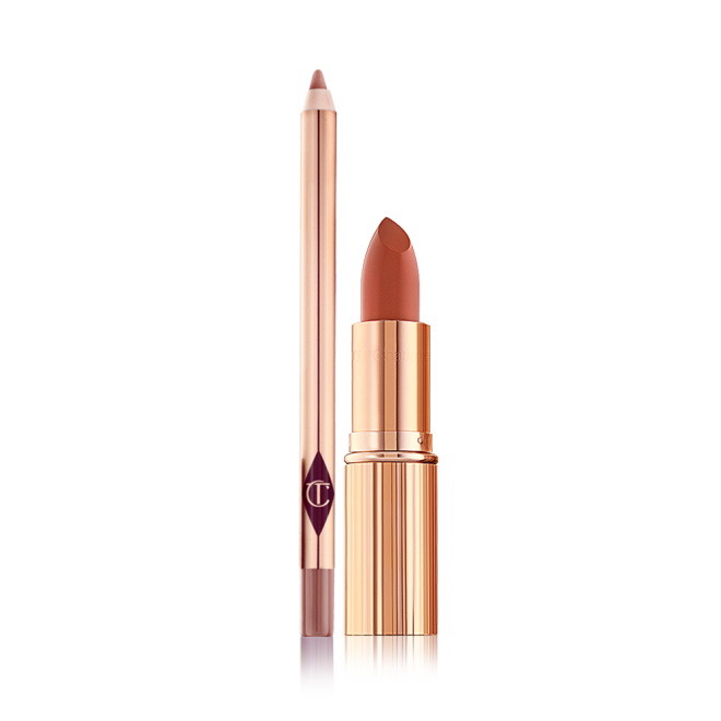 An open lip liner pencil and an open lipstick with a satin finish in a gold-coloured tube.