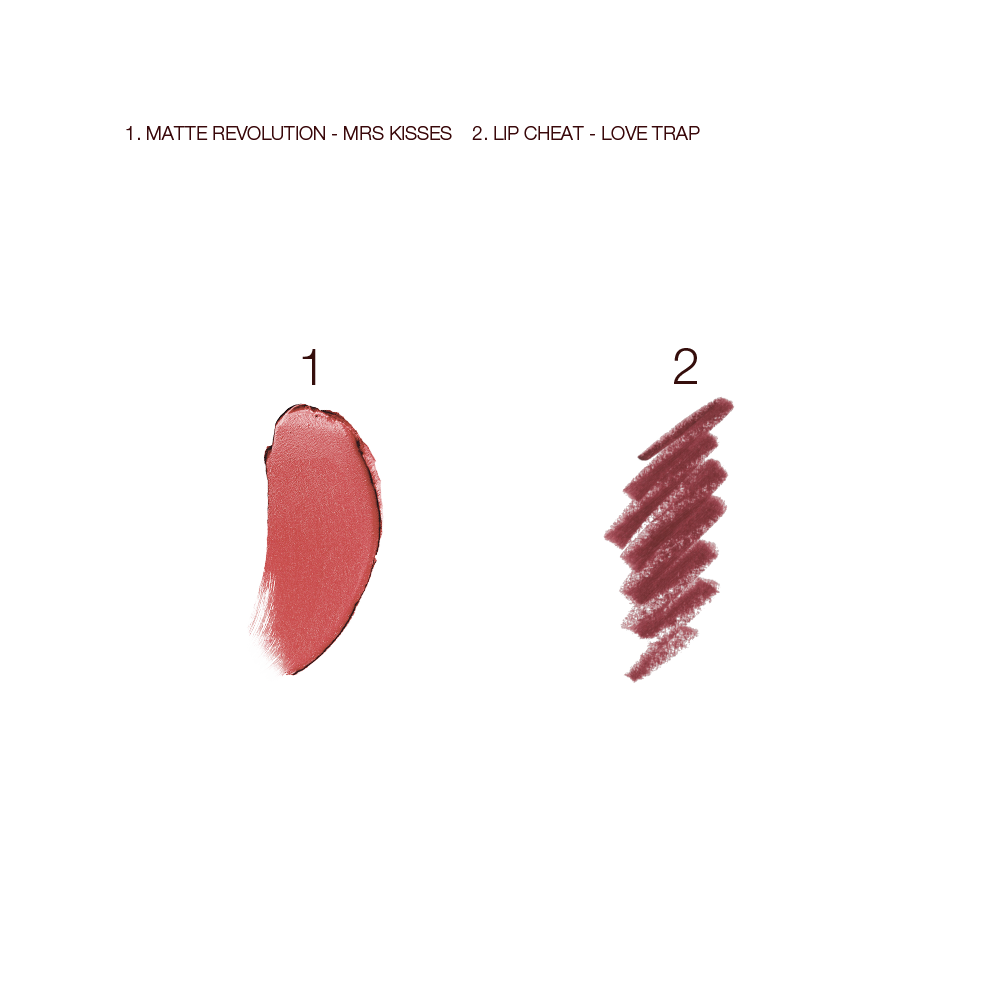 Swatch of matte lipstick in a warm-pink shade with a purplish-red lip liner pencil.