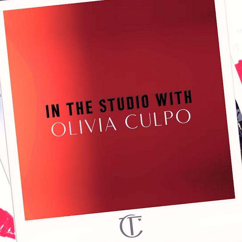A red-coloured poster that reads in the studio with Olivia Culpo. 