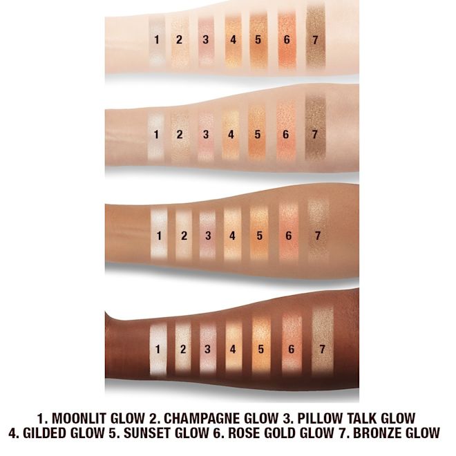 Hollywood Highlighter arm swatches Fair, light, tan, and deep-tone arms with swatches of seven powder highlighters in shades of silvery-gold, soft champagne, light pink, candlelight gold, copper-gold, rose gold, and bronze-gold.