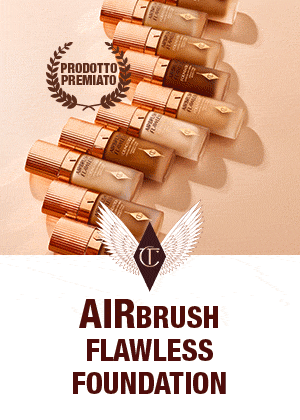 Banner with a collection of foundations in frosted glass bottles with rose-gold-coloured lids, along with text on the banner that reads, 'Airbrush Flawless foundation! Available in 44 flawless shades. Charlotte's #1 foundation! Find your flawless match now!