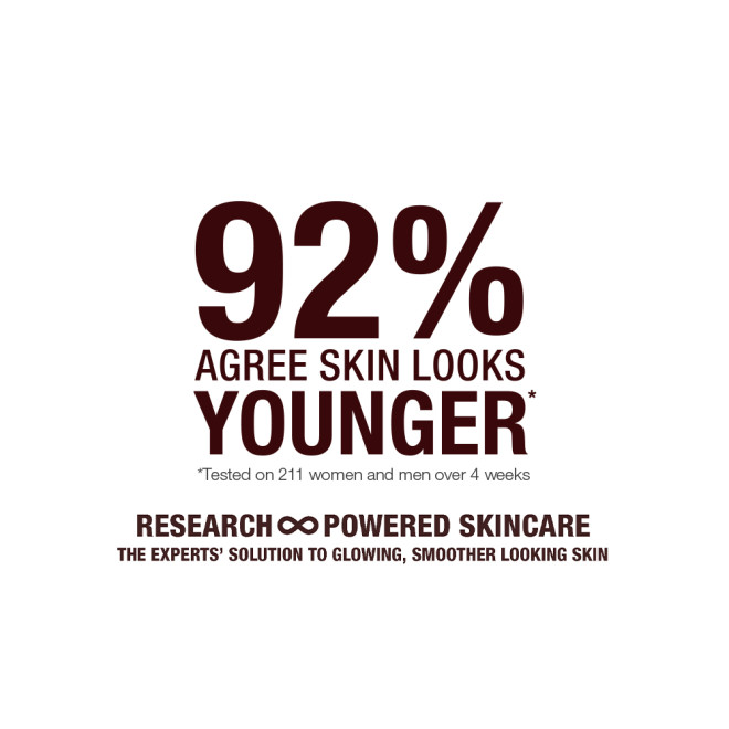 A white-coloured banner with text that reads, '92% agree skin looks younger. Research-powered skincare. The expert solution to glowing, smoother-looking skin!'
