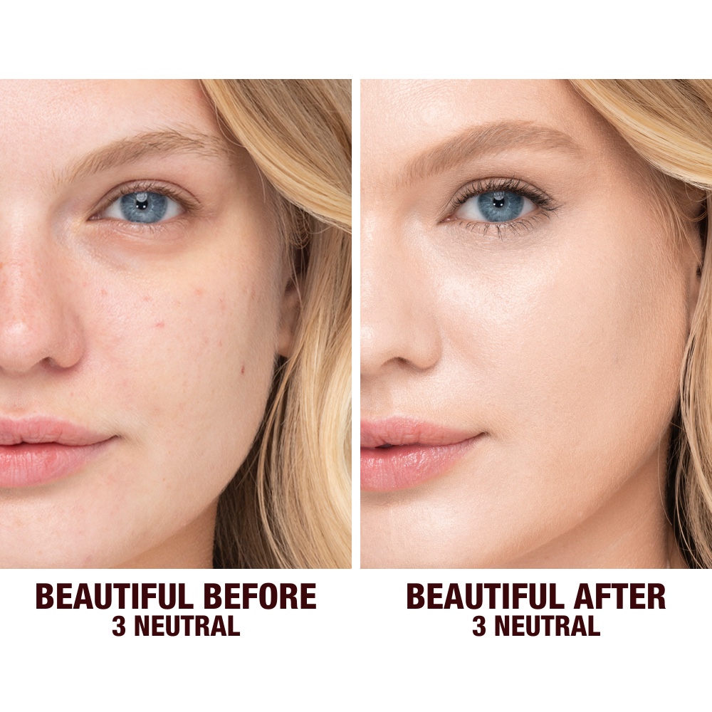 Before and after shots of a fair-tone model without any makeup and then wearing glowy, flawless skin, wearing skin-like foundation that adds a youthful glow and looks natural along with nude pink lipstick and subtle everyday eye makeup.