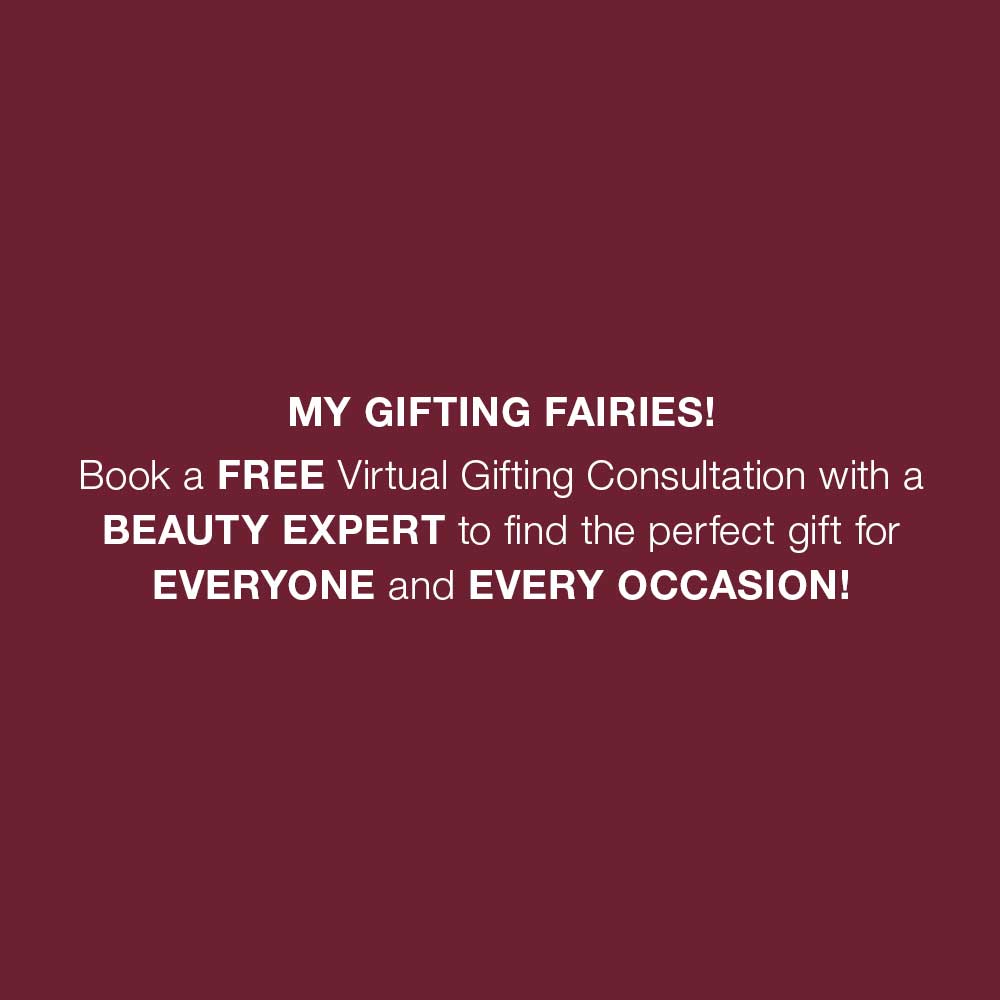 A dark, plum-coloured banner with text that reads, 'my gifting fairies! book a free virtual gifting consultation with a beauty expert to find the perfect gift for everyone and every occasion!'