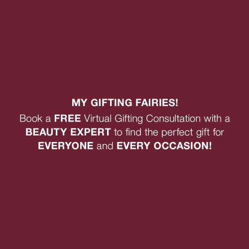 A dark, plum-coloured banner with text that reads, 'my gifting fairies! book a free virtual gifting consultation with a beauty expert to find the perfect gift for everyone and every occasion!'