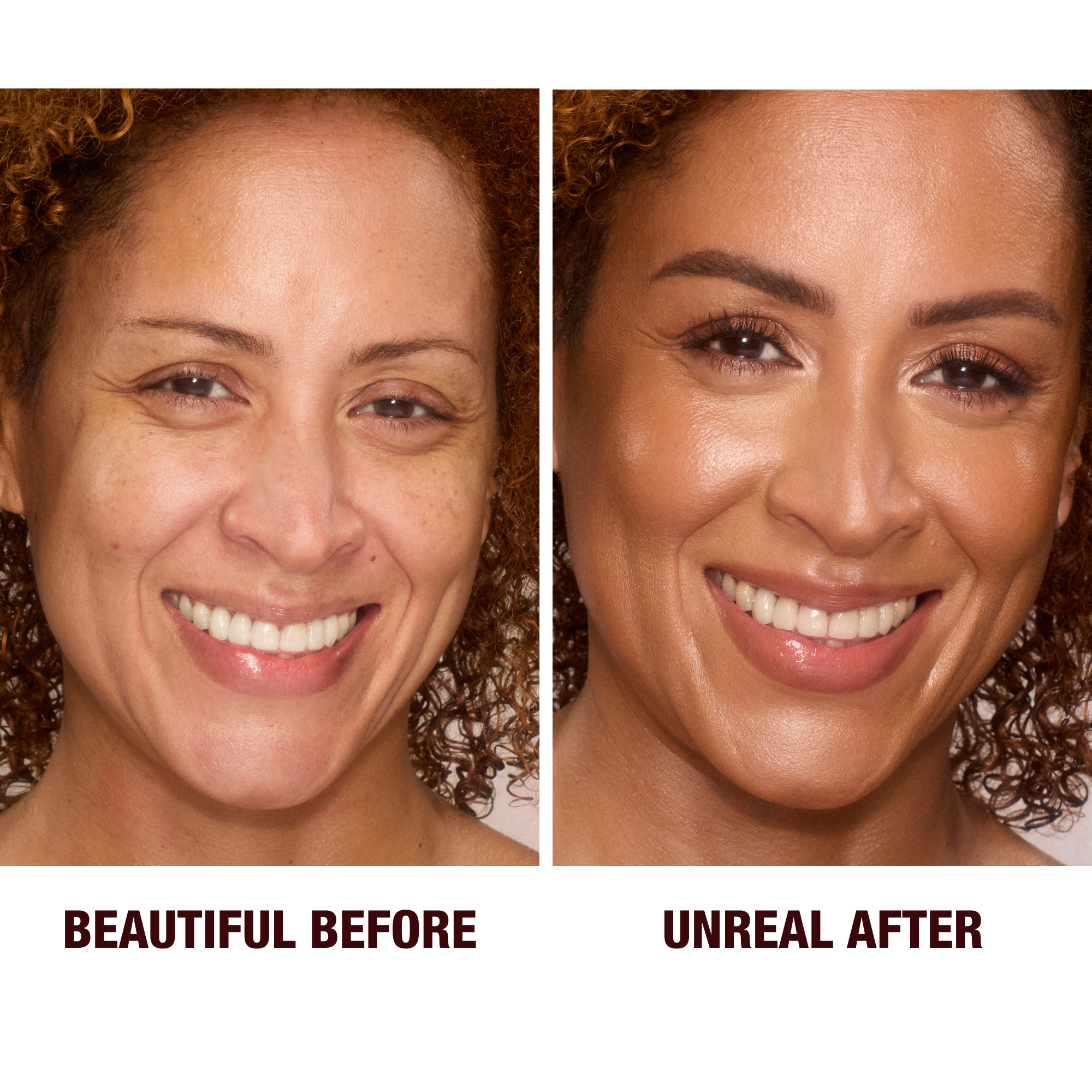 Before and after showing mature model wearing Unreal Skin a light-coverage stick foundation for mature skin