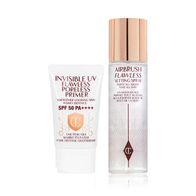 SPF-infused primer in a white-coloured tube with a setting spray in a large bottle with a gold-coloured lid.