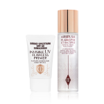 SPF-infused primer in a white-coloured tube with a setting spray in a large bottle with a gold-coloured lid.