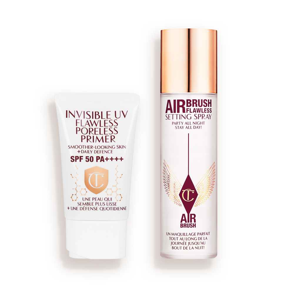 SPF-infused primer in a white-coloured tube with a setting spray in a large bottle with a gold-coloured lid.