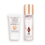 SPF-infused primer in a white-coloured tube with a setting spray in a large bottle with a gold-coloured lid.