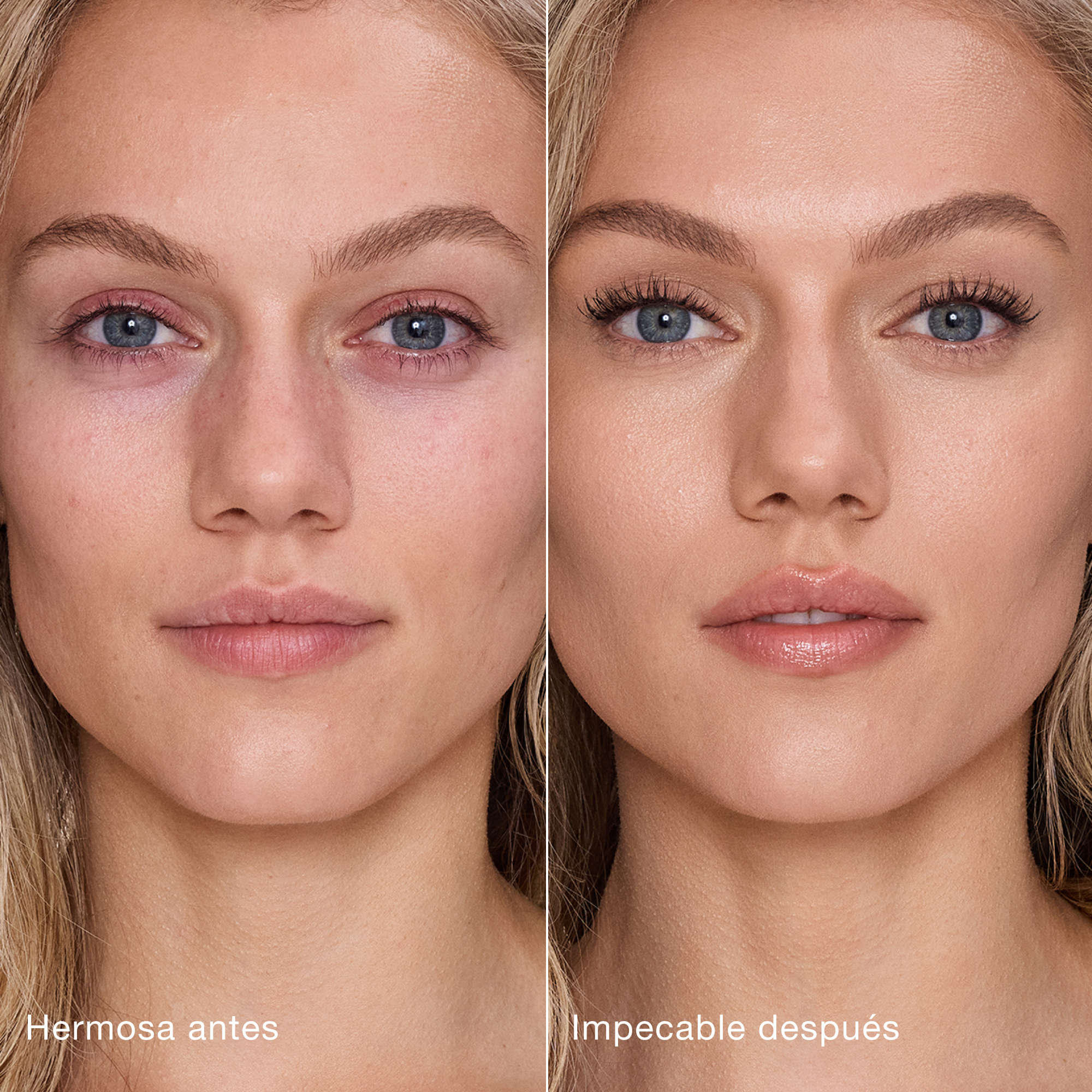 Comparación paralela que muestra la piel antes y después de aplicar el corrector Charlotte Tilbury Airbrush Flawless Concealer con las etiquetas de texto "Preciosa antes", "Impecable después".