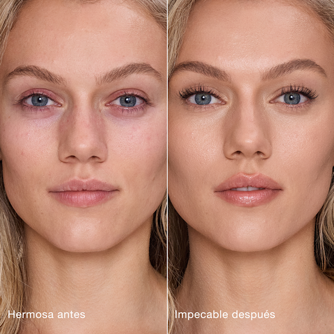 Antes y después del Airbrush Flawless Concealer en el tono 6.5 Medium Comparación paralela que muestra la piel antes y después de aplicar el corrector Charlotte Tilbury Airbrush Flawless Concealer con las etiquetas de texto "Preciosa antes", "Impecable después".