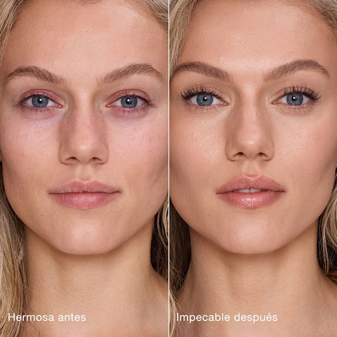 Antes y después del Airbrush Flawless Concealer en el tono 6.5 Medium Comparación paralela que muestra la piel antes y después de aplicar el corrector Charlotte Tilbury Airbrush Flawless Concealer con las etiquetas de texto "Preciosa antes", "Impecable después".