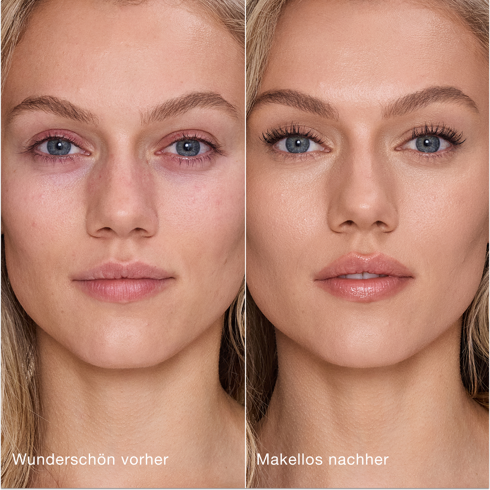Ein direkter Vergleich zeigt die Haut vor und nach dem Auftragen des Charlotte Tilbury Airbrush Flawless Concealers mit den Beschriftungen „Wunderschön vorher“ und „Makellos nachher“.