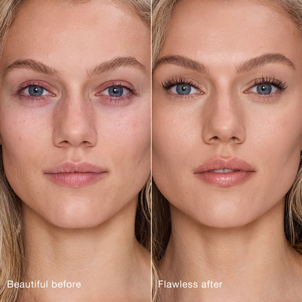 Side-by-side comparison showing skin before and after applying Charlotte Tilbury Airbrush Flawless Concealer, with text labels 'Beautiful before' and 'Flawless after'.