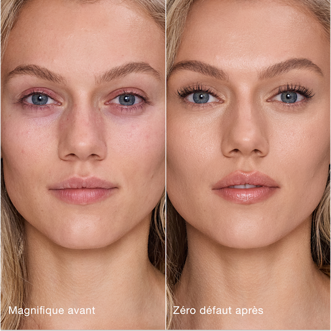 Avant/après Airbrush Flawless Concealer - 6.5 Medium (Medium) Comparaison côte à côte montrant la peau avant et après l'application de l'Airbrush Flawless Concealer de Charlotte Tilbury, avec les étiquettes de texte « Magnifique avant » et « Zéro défaut après ».
