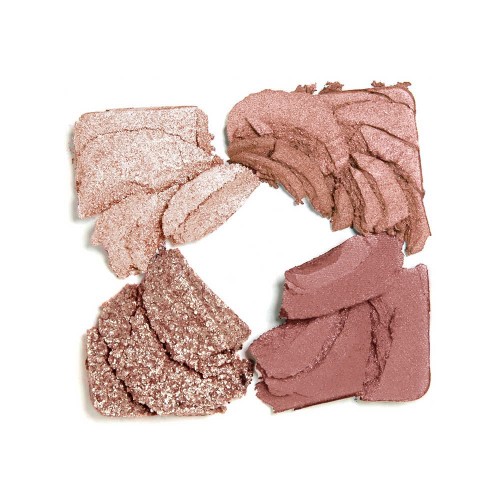Swatches of four shimmery and matte eyeshadows in shades of cream, pink, gold, and red clay. 