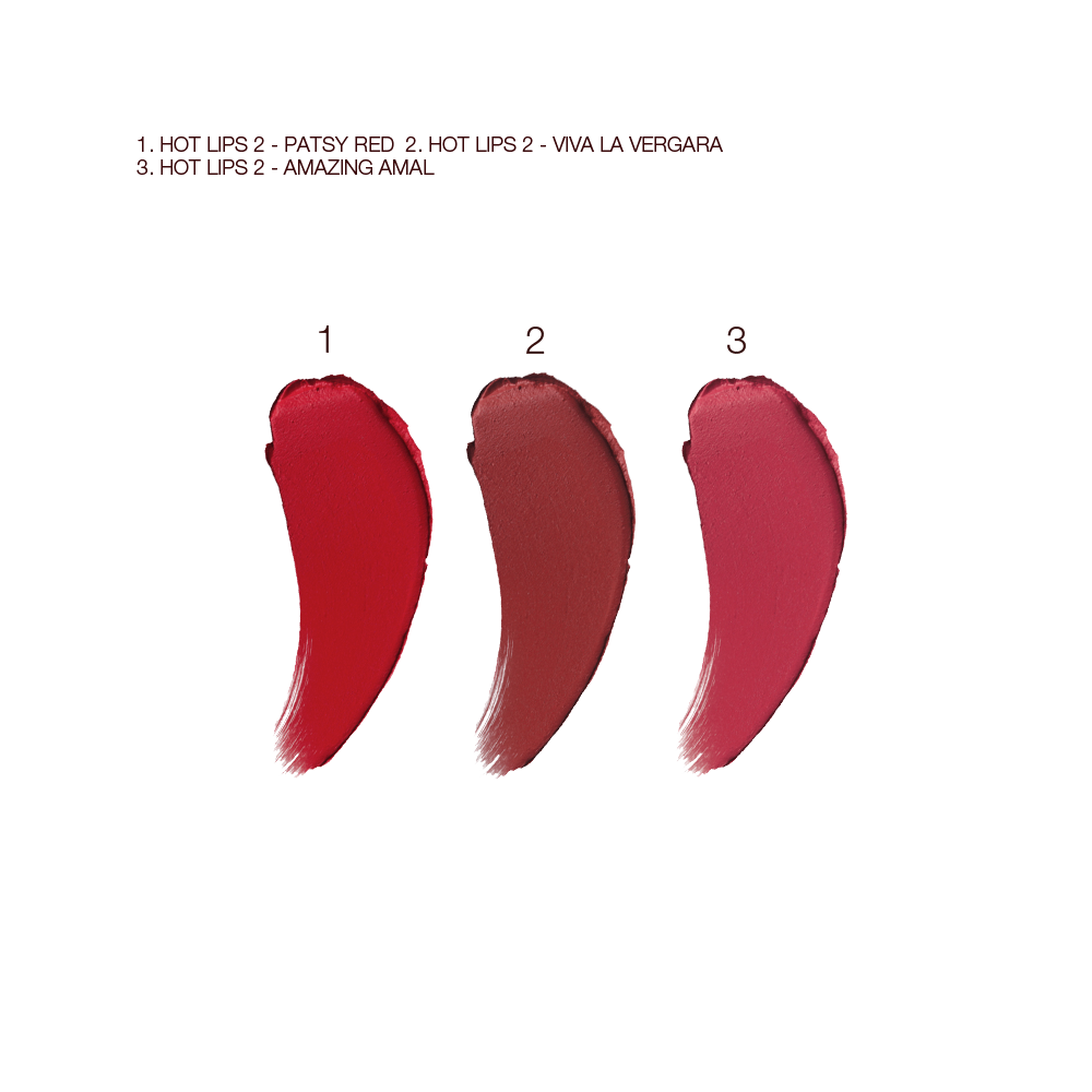 Swatches of three matte lipsticks in true red, berry-rose, and brownish plum colours.