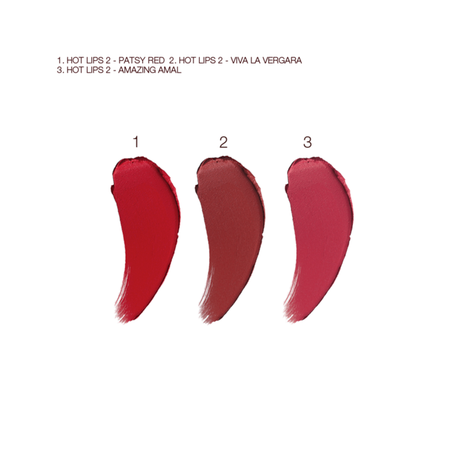Hot Lips 2 Berry Red Lip kit swatches Swatches of three matte lipsticks in true red, berry-rose, and brownish plum colours.