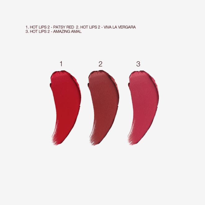 Hot Lips 2 Berry Red Lip kit swatches Swatches of three matte lipsticks in true red, berry-rose, and brownish plum colours.