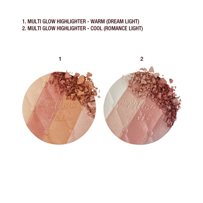 Swatches of a pressed powder highlighter compact in various shades of pink and gold for warm-tone complexions and of a pressed powder highlighter compact in various shades of pink and gold for cool-tone complexions. 