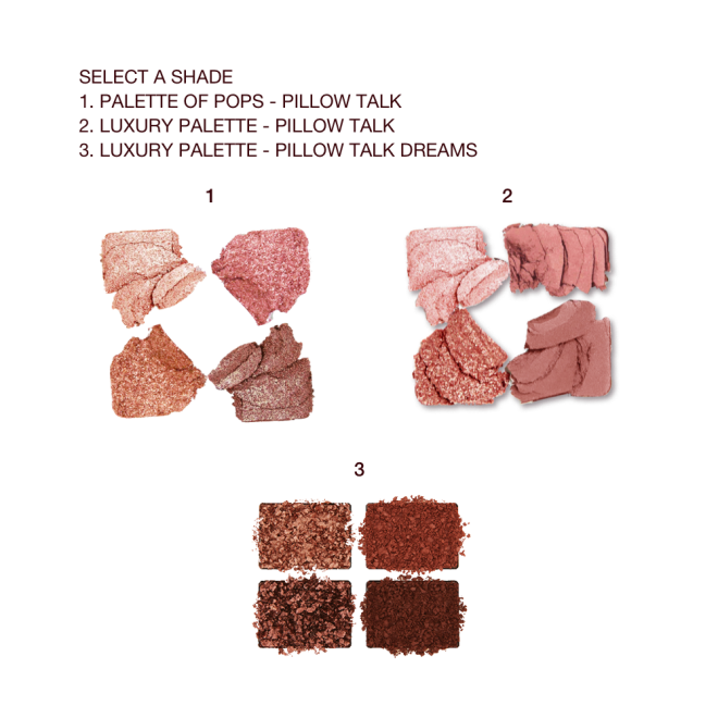 Crushed eyeshadows, matte and shimmery, in shades of brown, pink, peach, and champagne. 