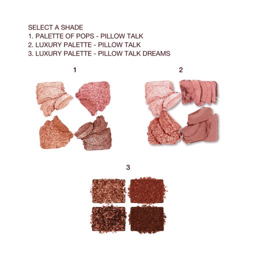 Crushed eyeshadows, matte and shimmery, in shades of brown, pink, peach, and champagne. 