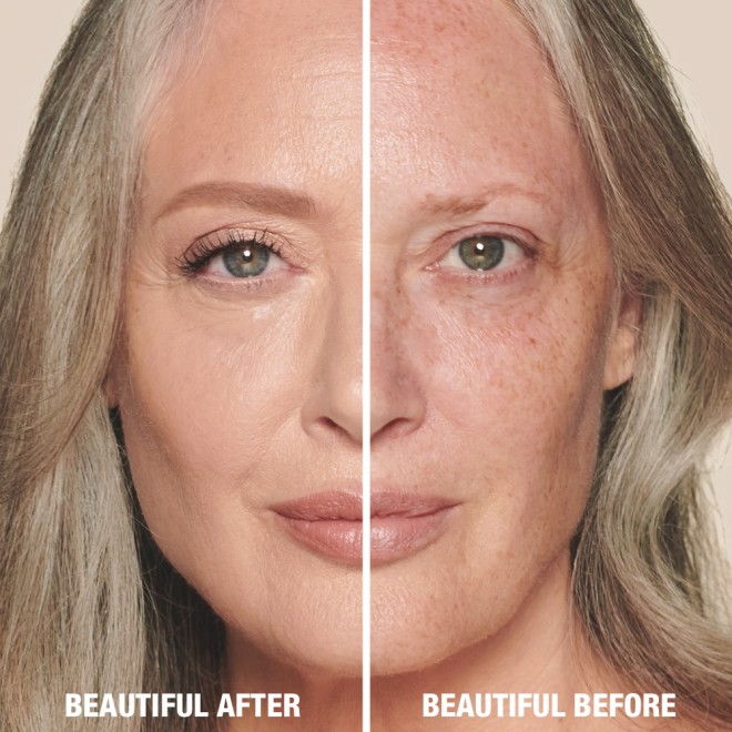 Side by side of a fair-tone model with mature skin without any concealer on one side and wearing a radiant, skin-like concealer on the other side that covers her freckles, wrinkles, and dark circles.