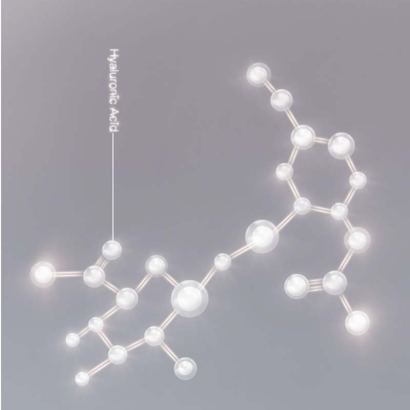 Banner with glowy, silver-coloured hyaluronic acid molecules.