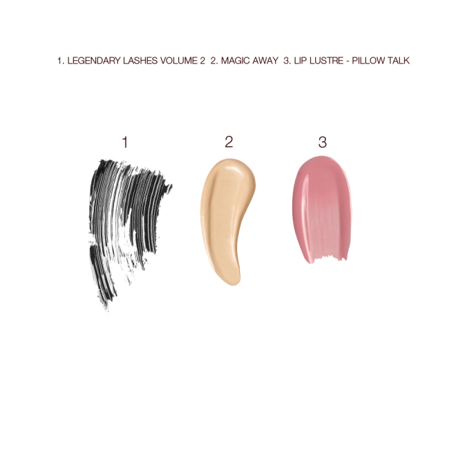 Swatches of black mascara, liquid concealer in a light shade, and creamy lip gloss in a nude pink colour. 