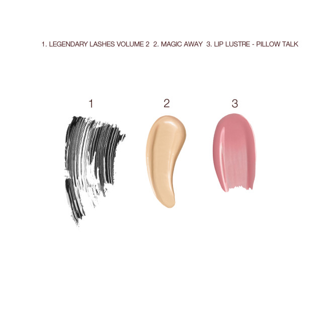 Swatches of black mascara, liquid concealer in a light shade, and creamy lip gloss in a nude pink colour. 