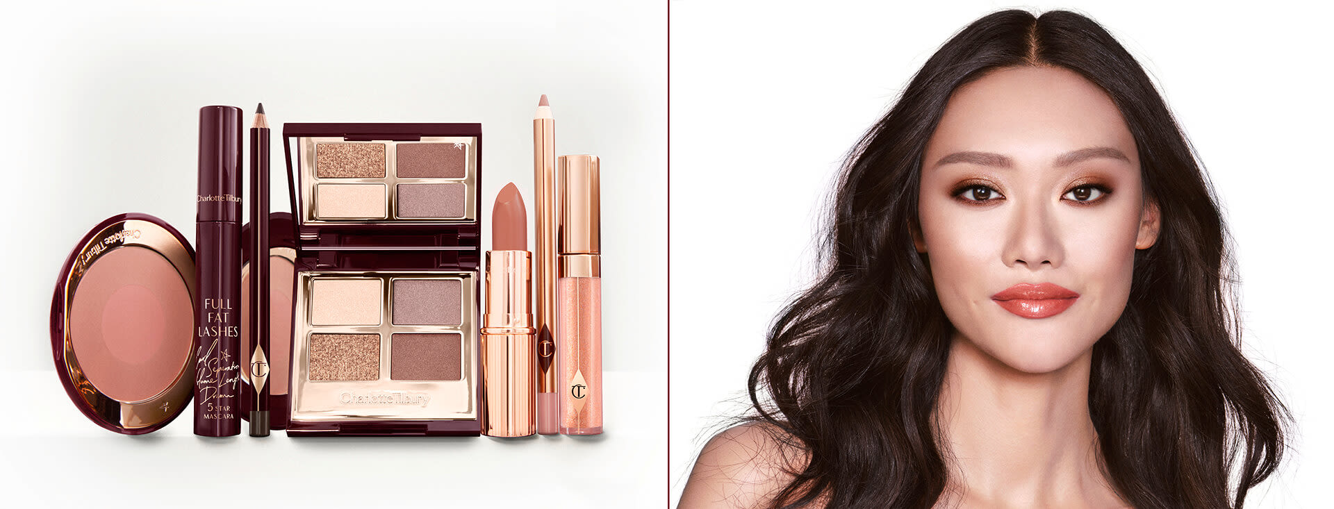 A fair-tone brunette model with brown eyes wearing shimmery brown eye makeup with orange-red lip gloss, bronzed cheeks, and glowy nude pink blush with an open, mirrored-lid eyeshadow palette in matte and shimmery gold, brown, and beige shades, an open black eyeliner pencil, a mascara in a dark-crimson colour scheme, a golden-peach lipstick with a matching lip liner pencil, nude-peach lip gloss, and an open two-tone blush in muted brown-pink. 