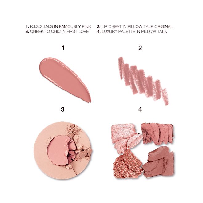 Bella's Famously Pink Look swatches Swatches of a muted, pink lipstick with a satin finish, lip liner pencil in a nude pink shade, two-tone powder blush in champagne and nude pink, and four matte and shimmery eyeshadows in shades of pink and gold.