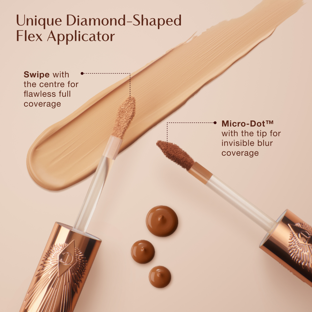 Charlotte Tilbury Airbrush Flawless Concealer applicators with diamond-shaped tips, shown alongside a product swipe and dots, highlighting 'Swipe' for full coverage and 'Micro-Dot™' for invisible blur coverage.