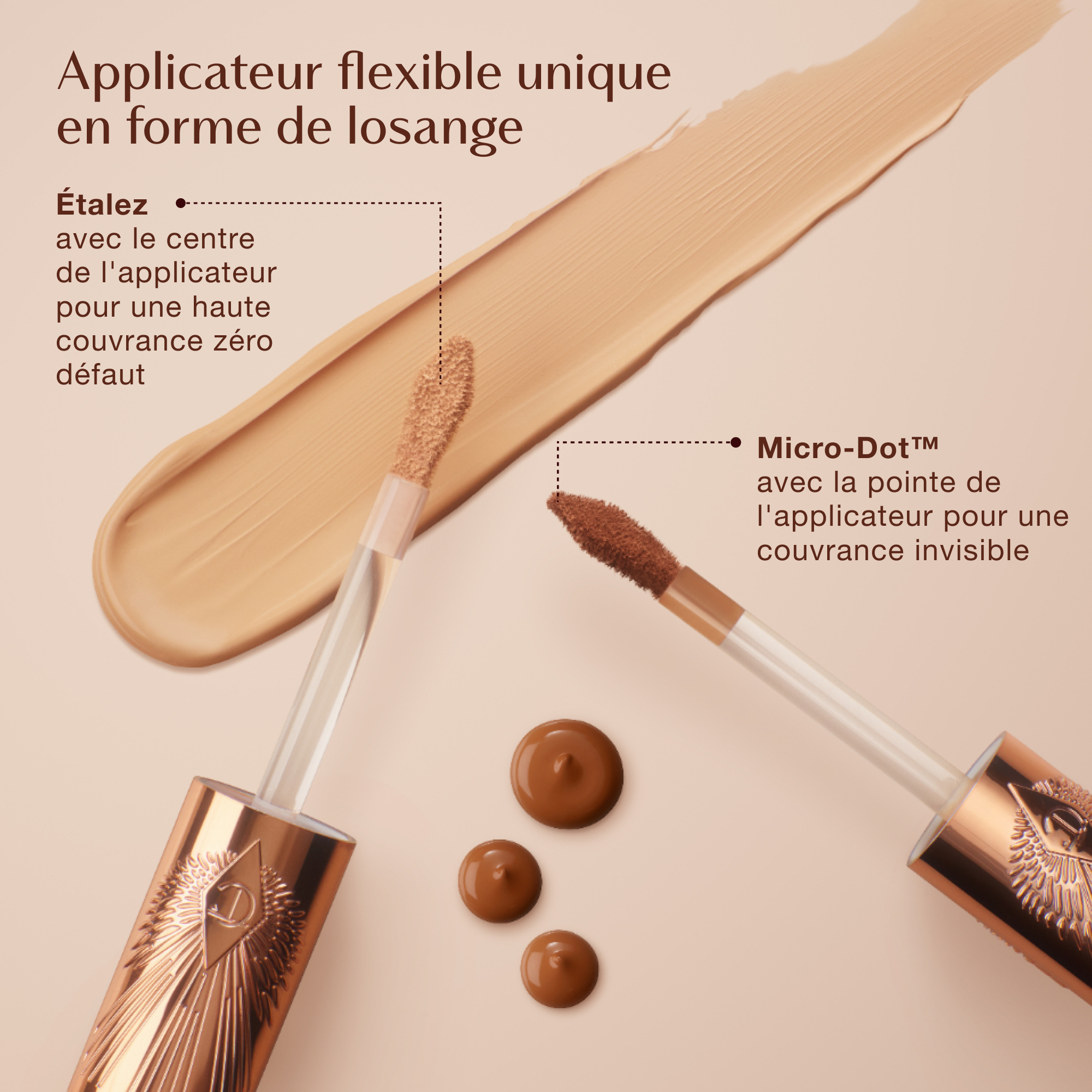 Applicateurs de l'Airbrush Flawless Concealer de Charlotte Tilbury avec embouts en forme de losange, présentés à côté (balayer et tapoter), mettant en avant « Étalez » pour une couvrance totale et « Micro-Dot™ » pour une couvrance effet flouté invisible.