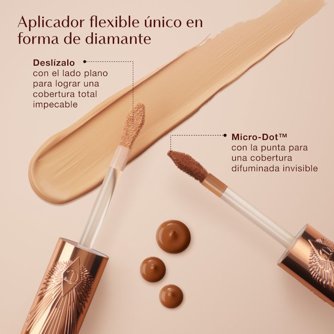 Infografía del aplicador del Airbrush Flawless Concealer Aplicadores de Airbrush Flawless Concealer de Charlotte Tilbury con puntas en forma de diamante, que se muestran junto a un producto para deslizar y puntitos, destacando «Air-Swipe» para una cobertura completa y «Micro-Dot™» para una cobertura difuminada invisible.