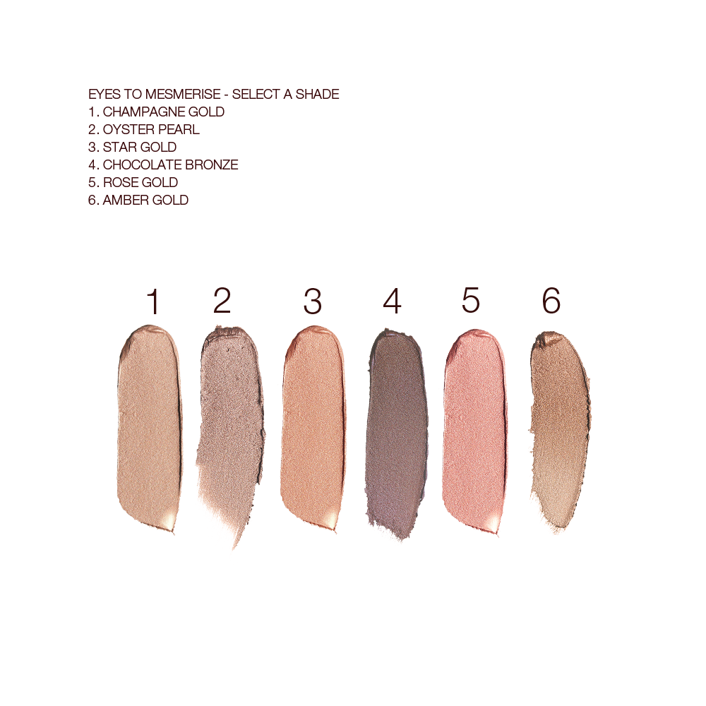 Swatches of six cream eyeshadows in champagne-bronze, oyster-gold, bronze-gold, grey-brown, rose gold, and amber gold. 