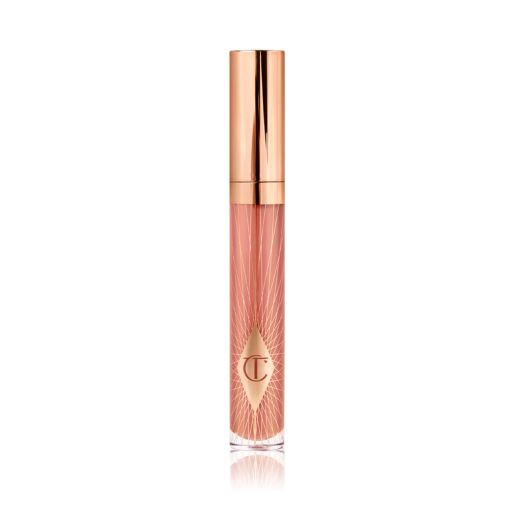 Closed, standard-sized nude-pink lip gloss with a CT symbol on the tube and a rose gold lid. 