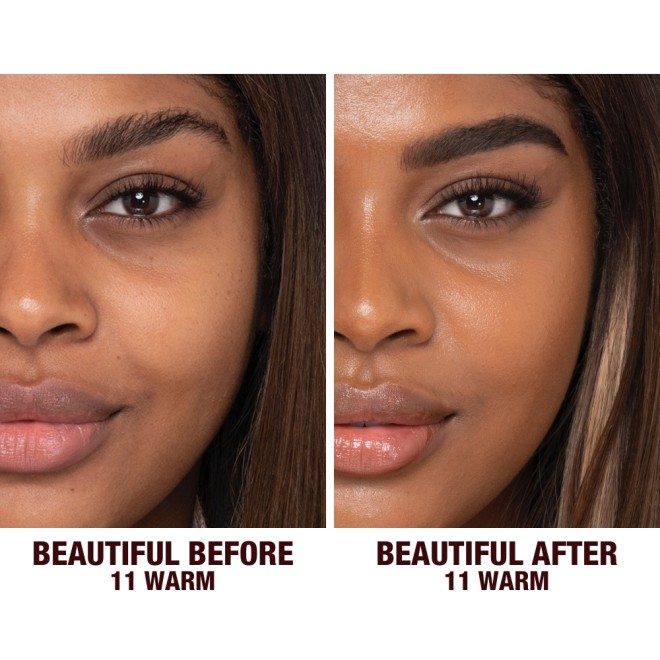 Before and after shots of a deep-tone model without any makeup and then wearing glowy, flawless skin, wearing skin-like foundation that adds a youthful glow and looks natural along with nude pink lipstick and subtle everyday eye makeup.
