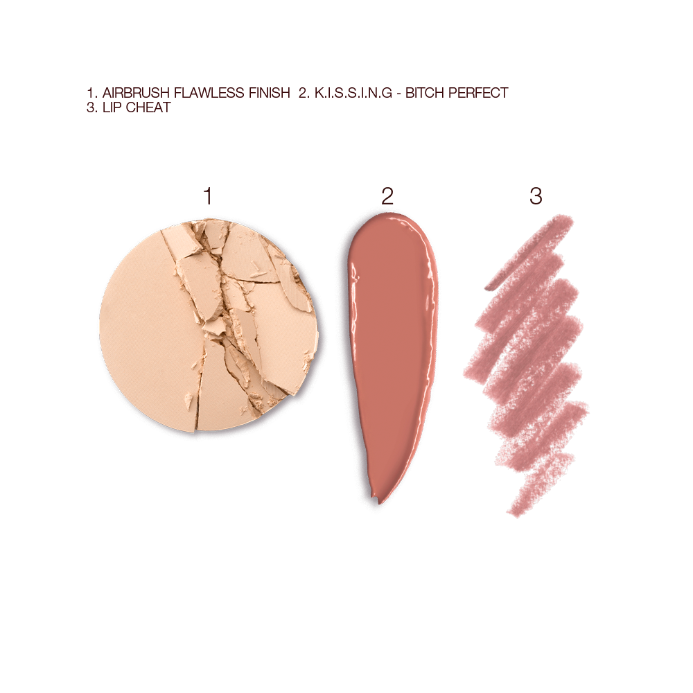 Swatches of a light beige-coloured powder compact, a satin-finish lipstick in nude-toned peach, and a lip liner pencil in berry-pink. 