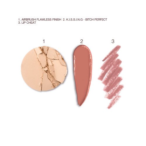 Swatches of a light beige-coloured powder compact, a satin-finish lipstick in nude-toned peach, and a lip liner pencil in berry-pink. 