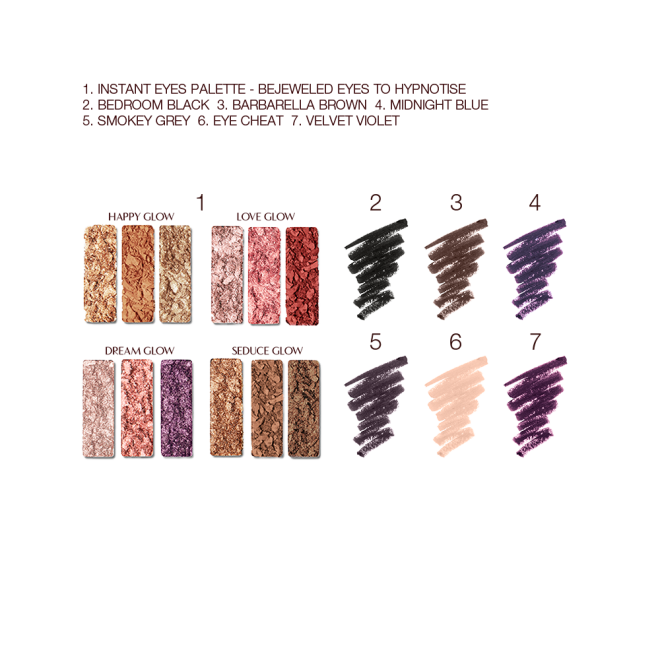 Swatches of twelve eyeshadows in matte and shimmery shades in pink, purple, red, gold, brown, and cream with six eyeliner pencil swatches in black, dark brown, midnight blue, smokey grey, beige, and violet.