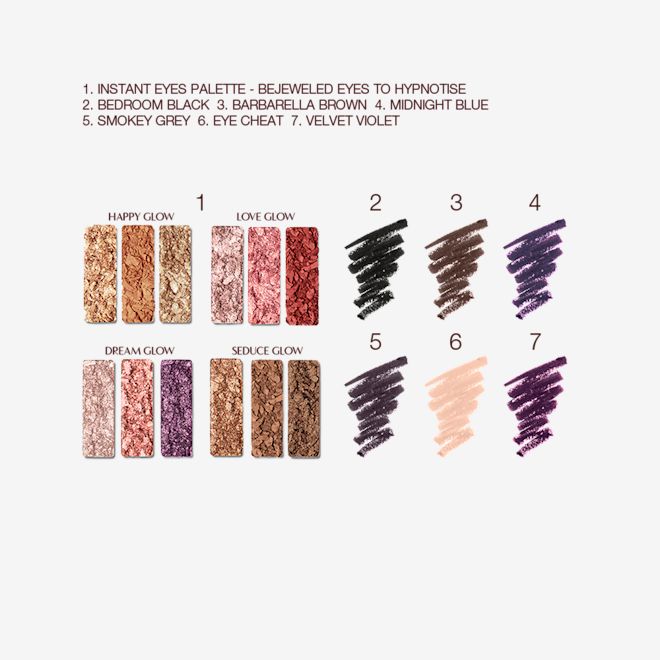 Bejewelled Smokey Eye Kit swatches Swatches of twelve eyeshadows in matte and shimmery shades in pink, purple, red, gold, brown, and cream with six eyeliner pencil swatches in black, dark brown, midnight blue, smokey grey, beige, and violet.