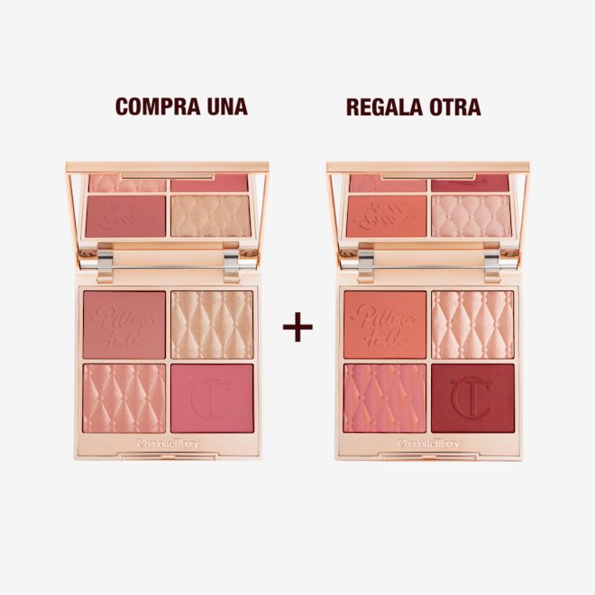 ES PILLOW TALK BEAUTIFYING FACE PALETTE V2 Two, identical, 12-pan eyeshadow palettes with matte and shimmery shades in beige, pink, gold, green, brown, peach, and black.