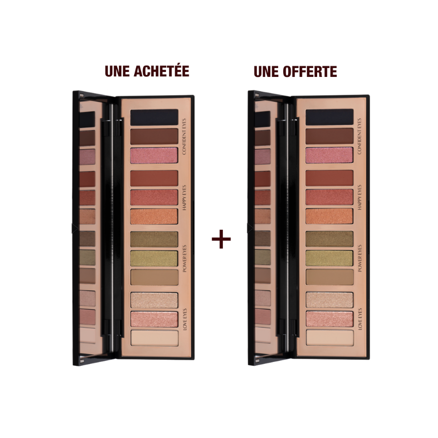Deux palettes identiques de fards à paupières en 12 teintes mates et chatoyantes beige, rose, or, vert, brun, pêche, et noir.