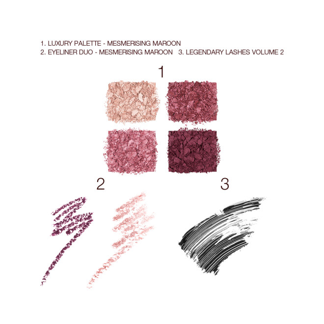 Swatches of four, crushed eyeshadows in shades of purple and golden, two eyeliners in plum and nude pink, and black mascara. 