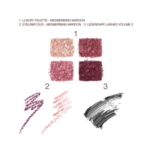 Swatches of four, crushed eyeshadows in shades of purple and golden, two eyeliners in plum and nude pink, and black mascara. 