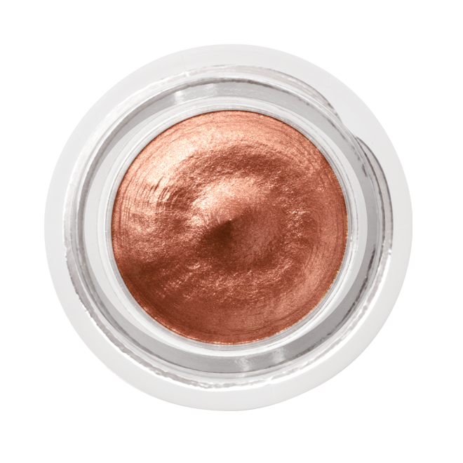 An open glass pot containing shimmery russet rose cream eyeshadow with a golden sparkle.