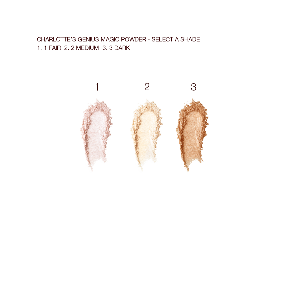 Swatches of three, glowy loose powders in pearly-pink, banana yellow, and coppery-bronze shades.