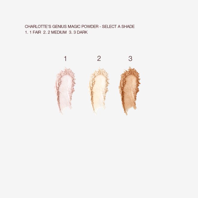 Charlotte’s Genius Magic Powder swatches Swatches of three, glowy loose powders in pearly-pink, banana yellow, and coppery-bronze shades.